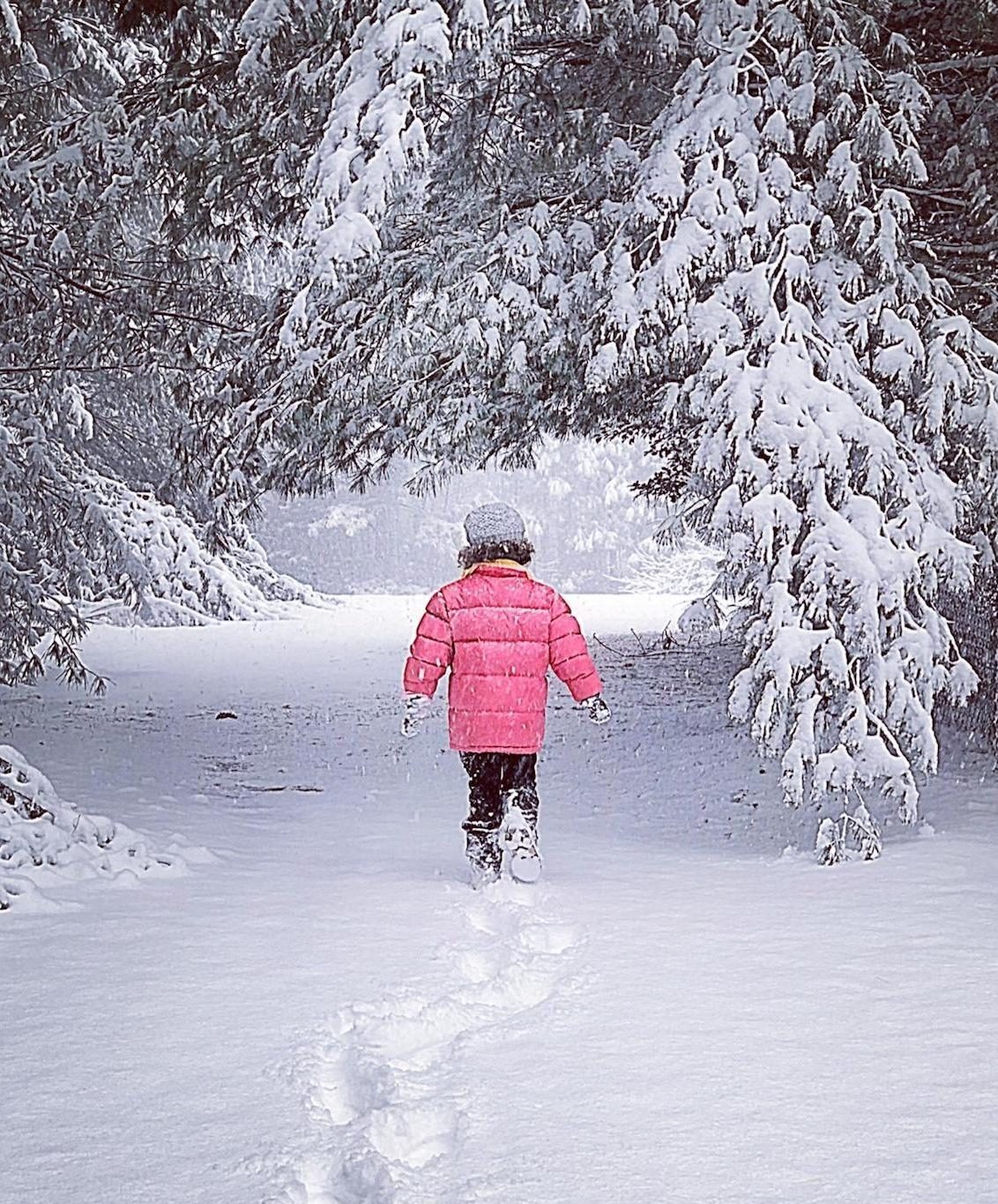 a small child in a pink coat walk through the snow