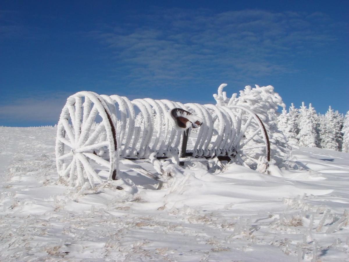 a hay rake covered in snow sits in a snowly landscape on a sunny winter day