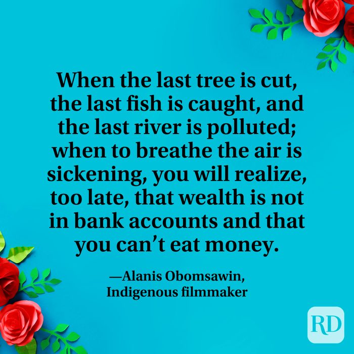 "When the last tree is cut, the last fish is caught, and the last river is polluted; when to breathe the air is sickening, you will realize, too late, that wealth is not in bank accounts and that you can’t eat money." —Alanis Obomsawin, Indigenous filmmaker