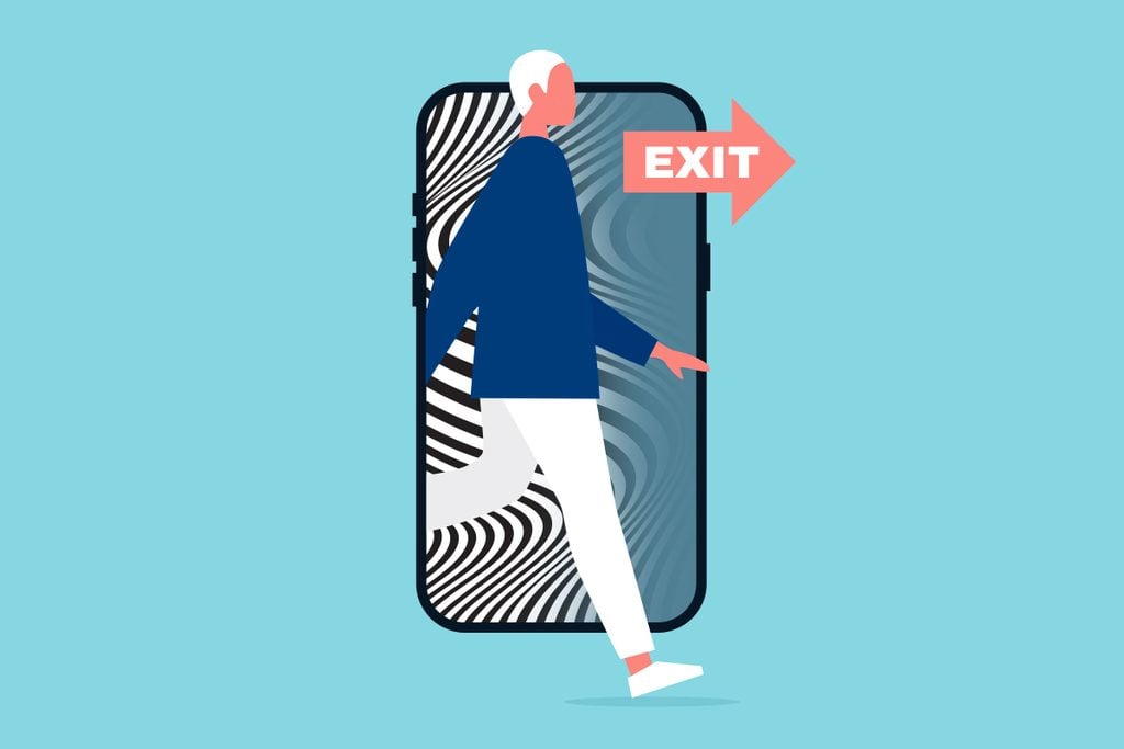a figure stepping out of the frame of a smartphone with an EXIT sign pointing the way. on the screen is the black and white swirl illusion of doomscrolling