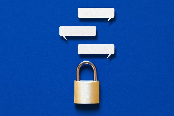 text message bubbles above a padlock to illustrate a secure messaging app concept