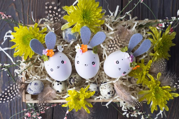 Easter Background, Homemade Eggshell Bunnies And Yellow Chrysant