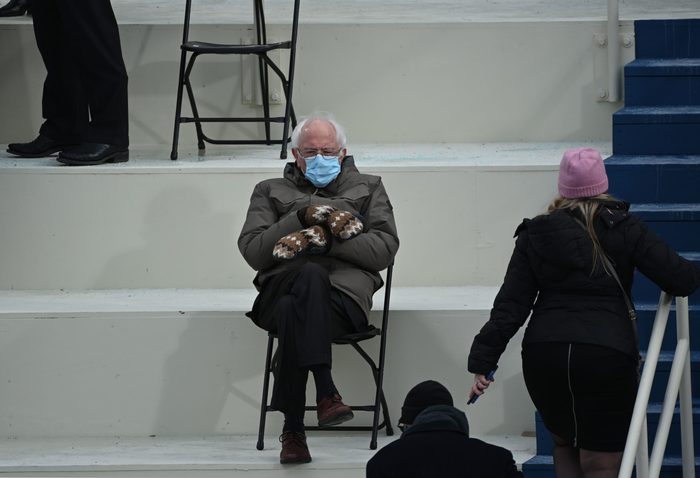 the meme-worthy image of Bernie Sanders seated with arms crossed and mittens at Joe Biden's inauguration, January 20, 2021