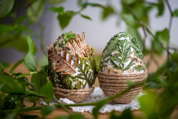 Forest themed Easter eggs decorated with natural leafs