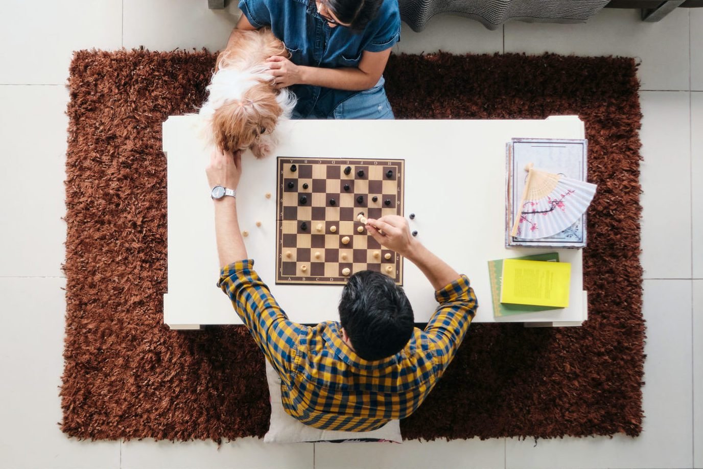 Young Man And Woman Having Fun With Dog While Playing Chess