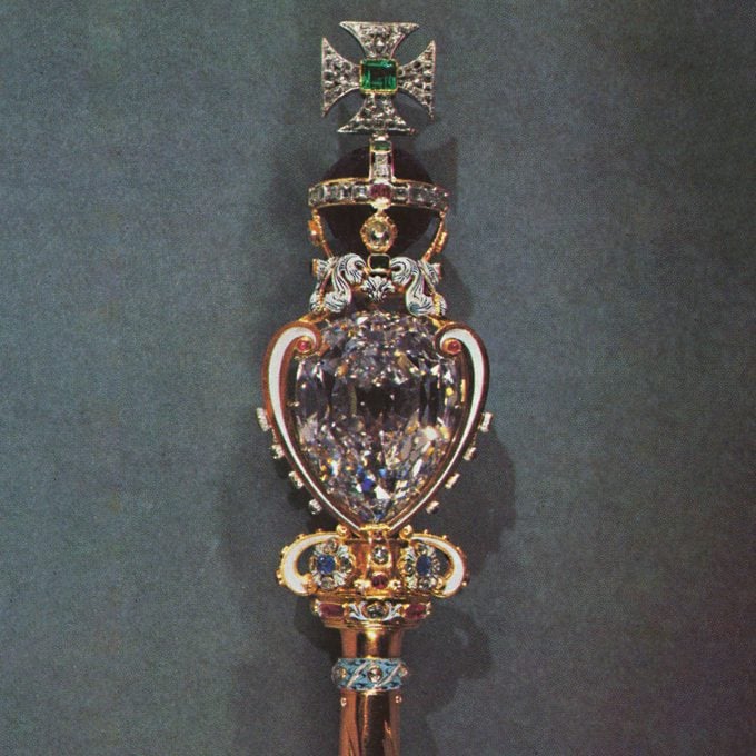 close up of the jewels on The head of the Sceptre with the Cross