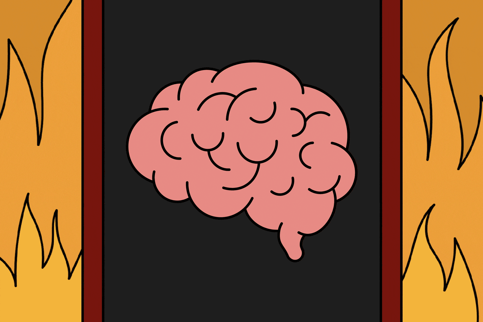 GIF of a phone scrolling through illustrations of a brain and a flame on a fire background
