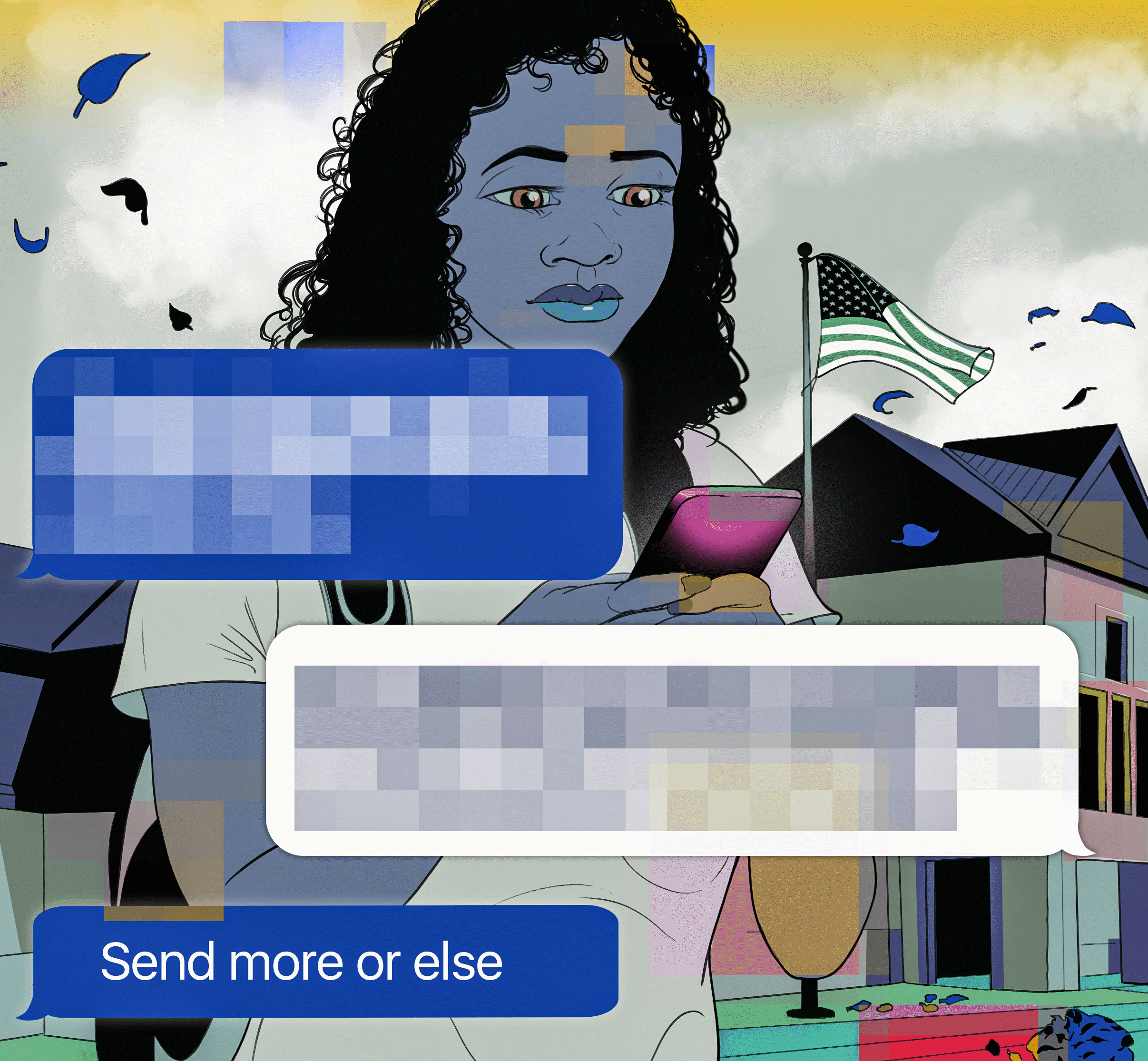 Illustration of girl walking while sending text messages, the words blurred by pixels.