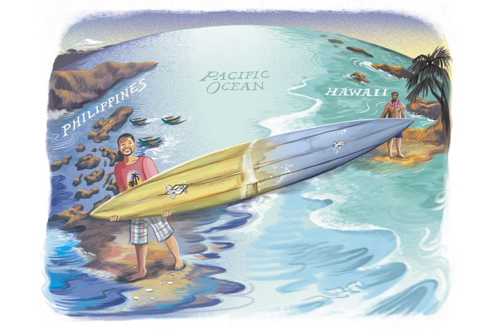 illustration of two surfers holding one surfboard that spans from the Philippines to Hawaii