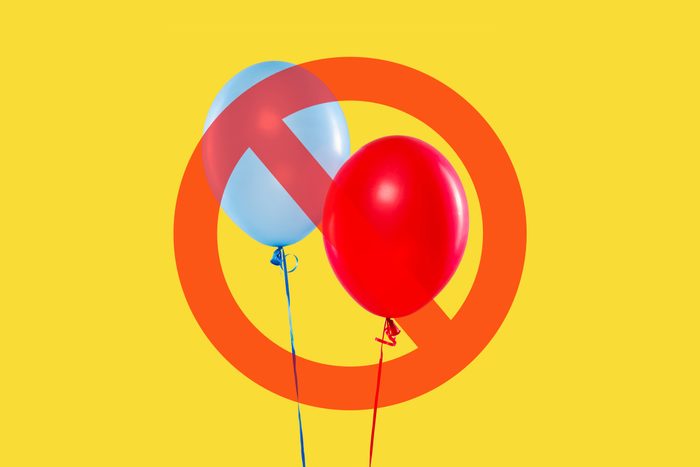 Balloons on yellow background with cancel sign