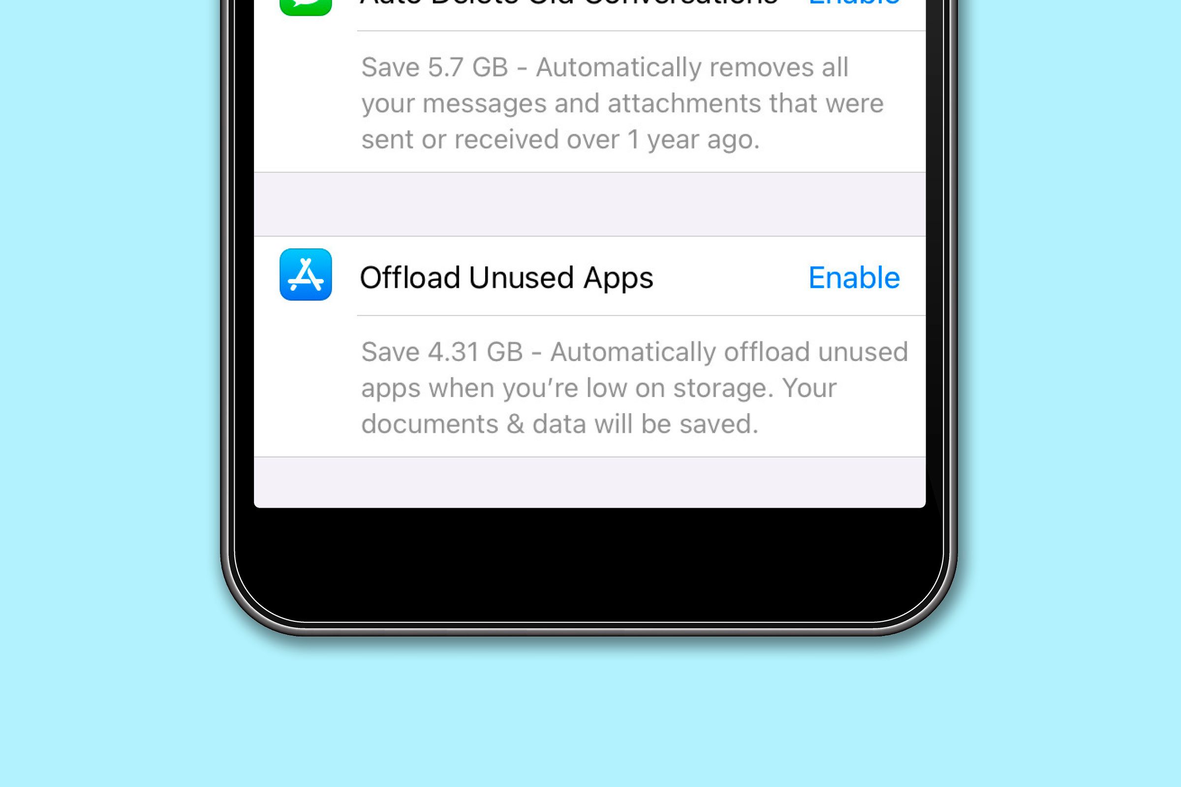 Il menu delle impostazioni dell'iPhone che mostra un'opzione per scaricare le app inutilizzate
