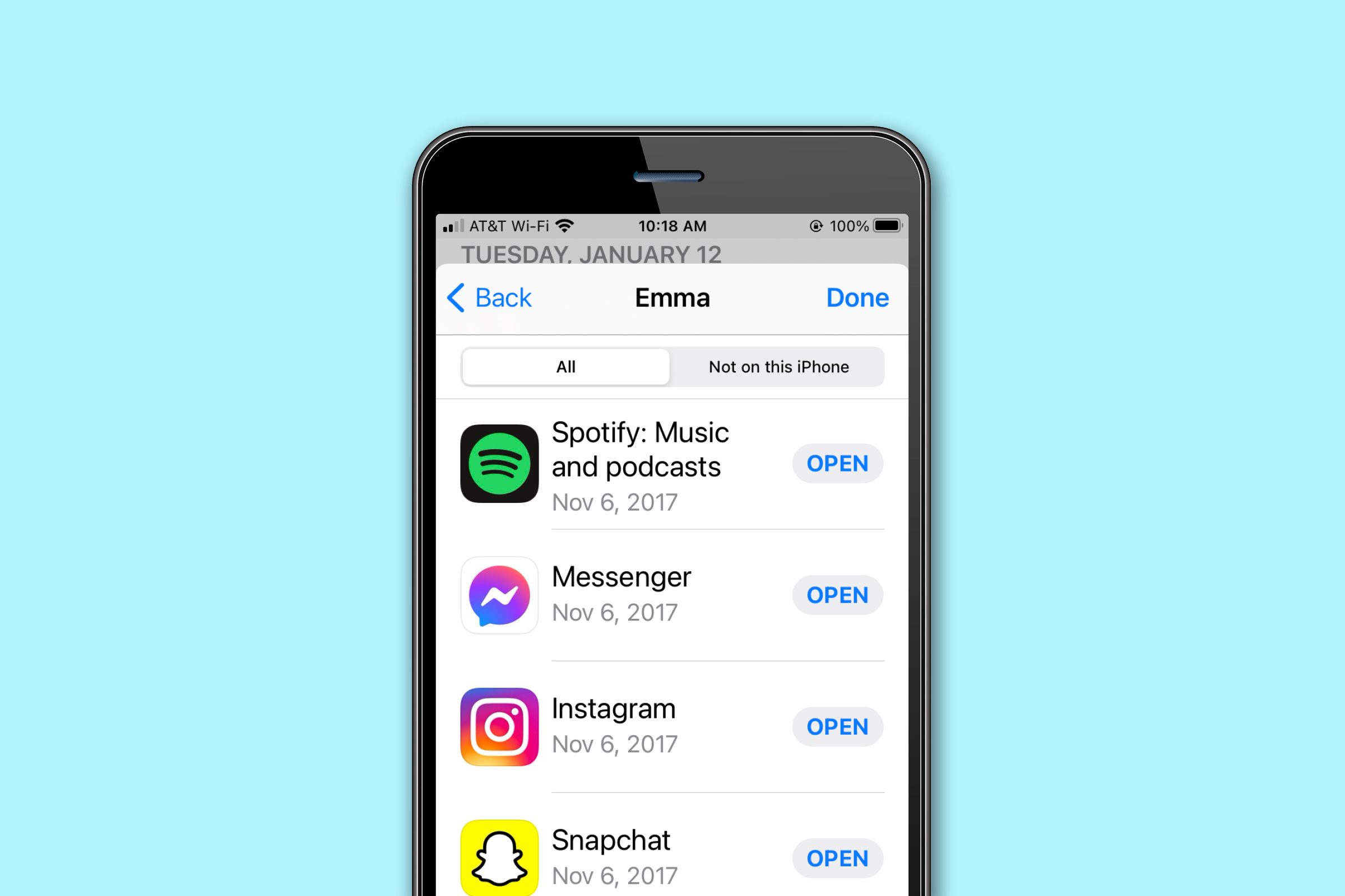 Il menu delle impostazioni dell'app store per iPhone visualizza tutte le app scaricate sul dispositivo