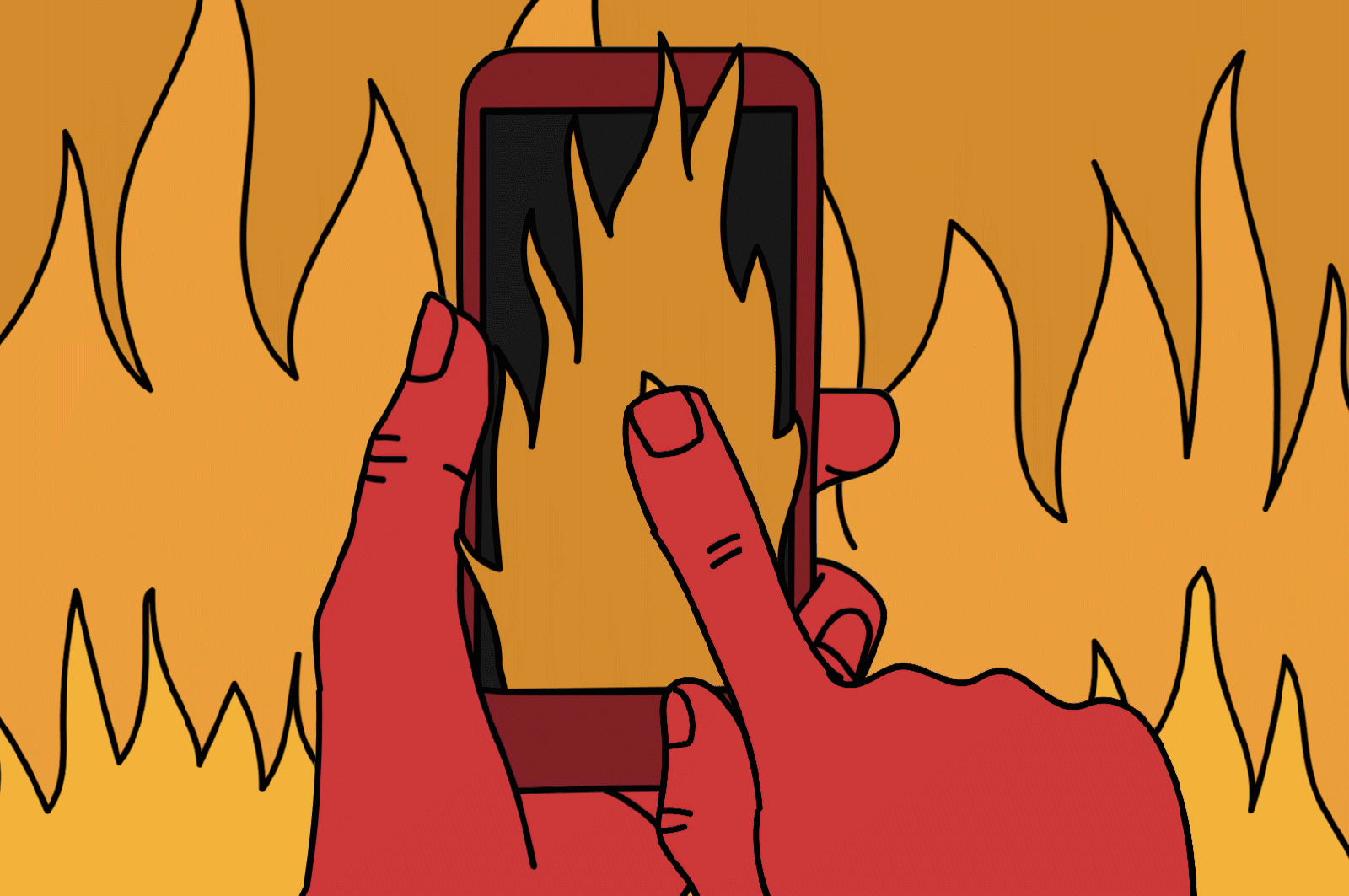Finger scrolling through fire on a phone
