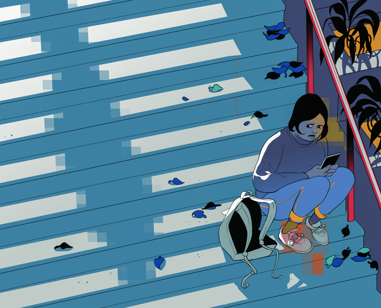 Illustration of woman on steps. The picture comes in and out of pixelated focus.