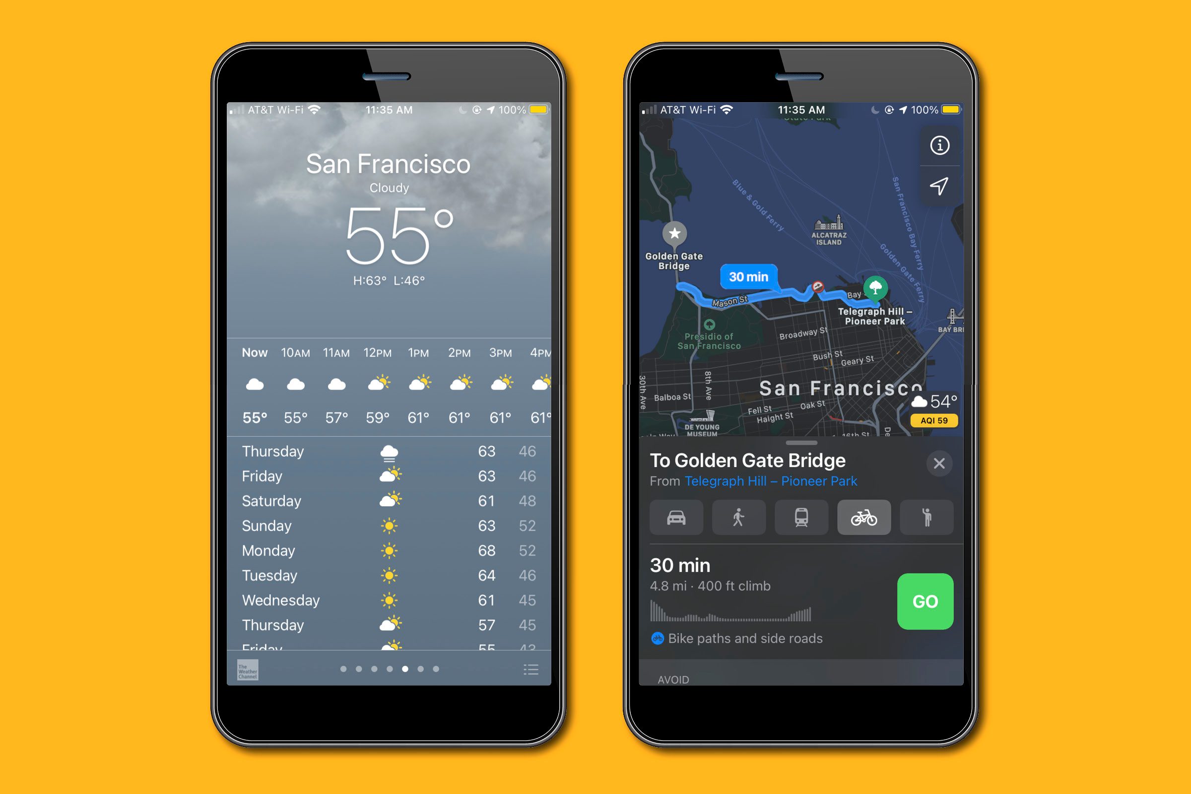 iPhone screens showing the weather app and map app in San Francisco