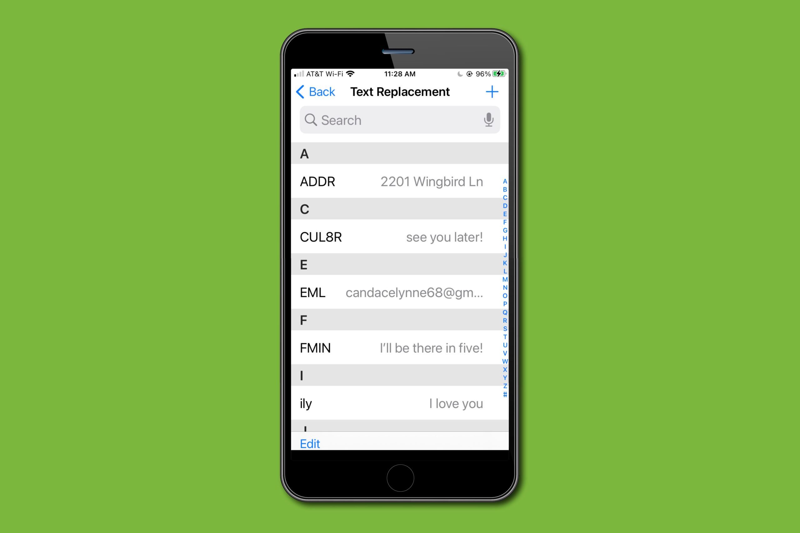 iPhone screen showing menu of a user's saved keyboard shortcuts