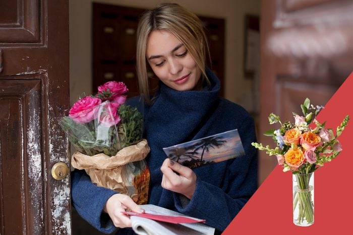 woman receiving flowers on valentine's day