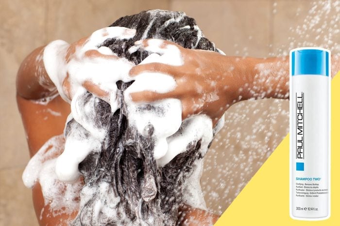 Shampooing hair in the shower with inset of hair product