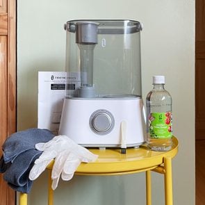 humidifier on a yellow table with cleaning supplies; vinegar, small brush, gloves, microfiber towel, user manual