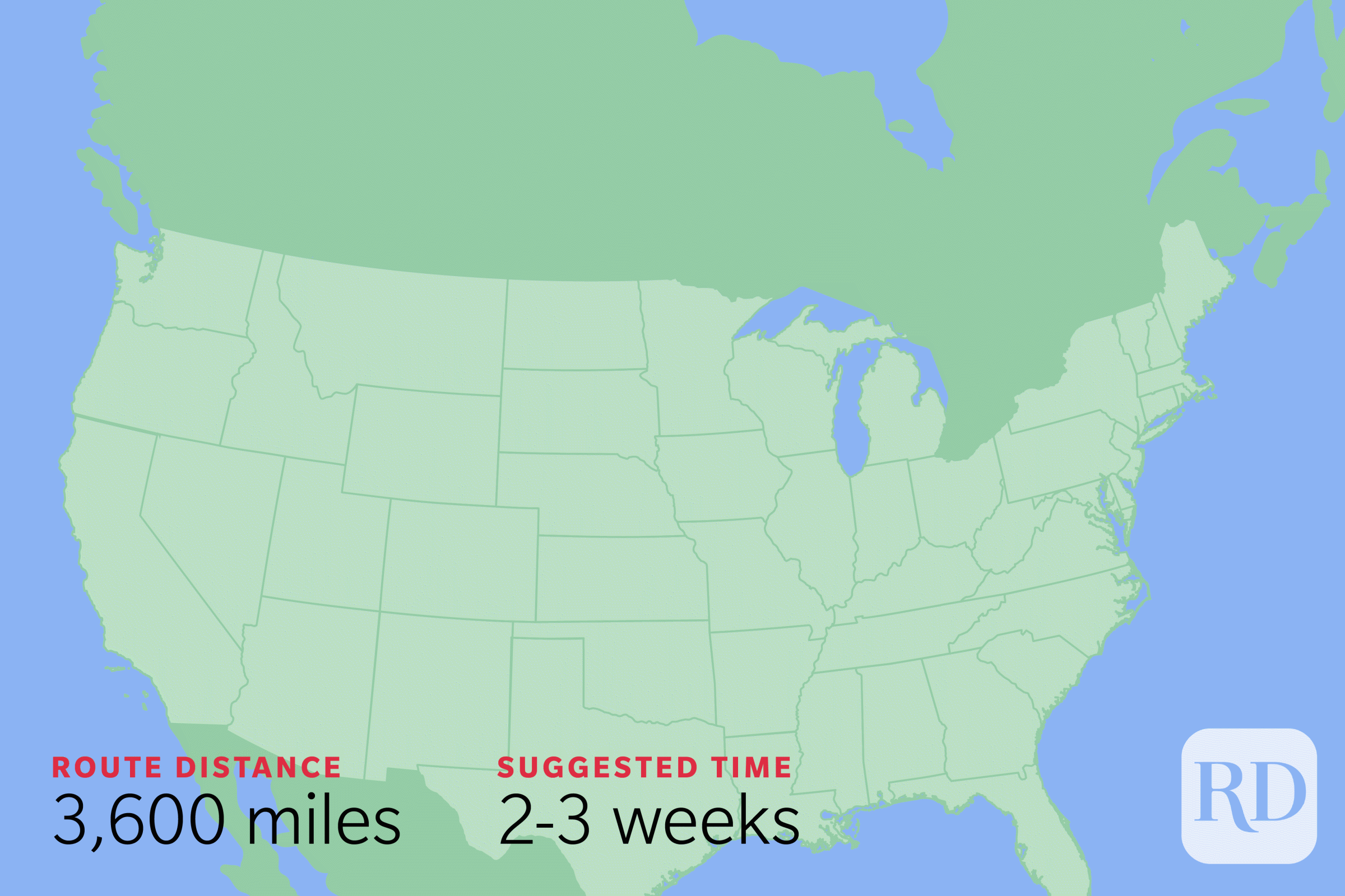 Animated map of road trip route for a Great Northern Road Trip, starting in Seattle, Washington and ending in Maine.