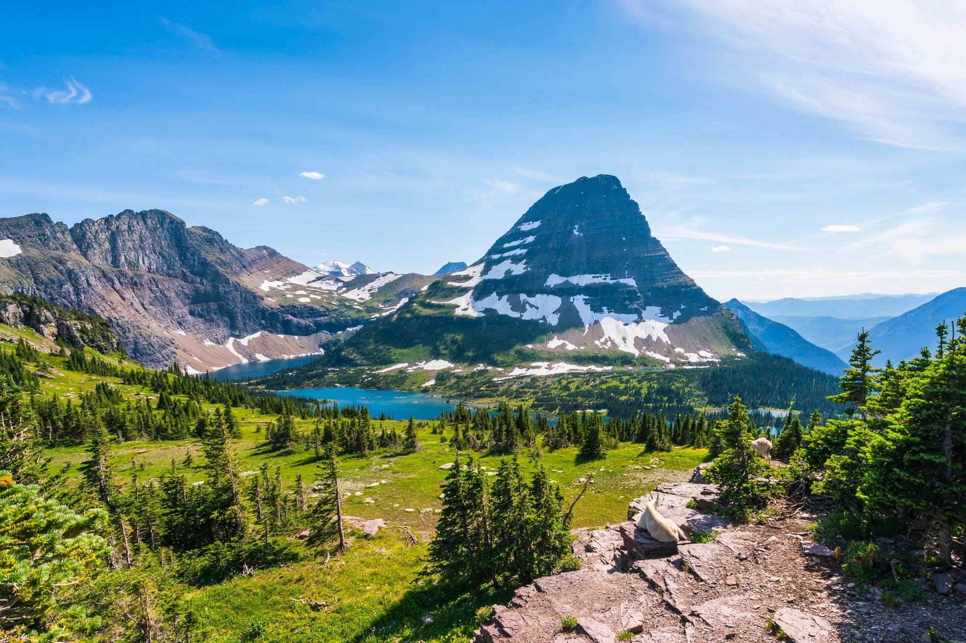logan pass trail in Glacier national park on a sunny day, Montana, usa.
