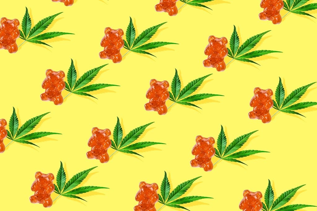 Pattern gummies in form of a bear with CBD oil on a yellow background. Minimum CBD concept