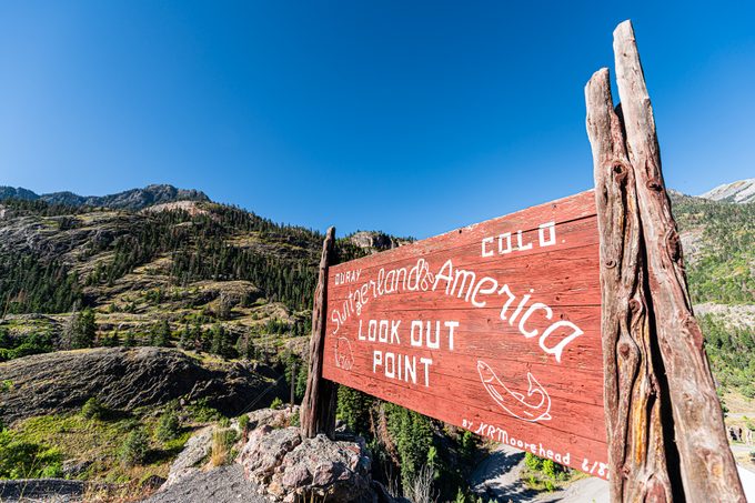 Ouray, Colorado San Juan mountains sign for Switzerland of America overlook look out point