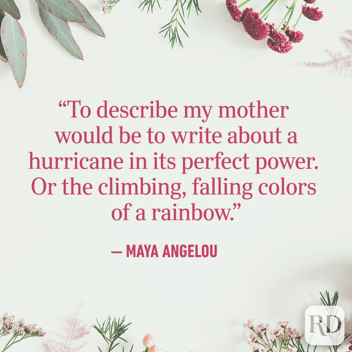 "To describe my mother would be to write about a hurricane in its perfect power. Or the climbing, falling colors of a rainbow."
