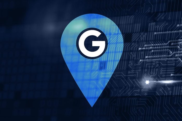 google logo in a location marker with a dark blue circuit illustration as the background