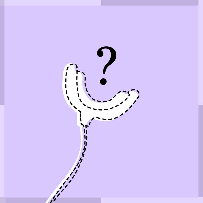 Outline of tooth whitening product with question mark hovering above