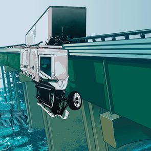 illustration of a truck cab hanging off the edge of an bridge, dangling above the water