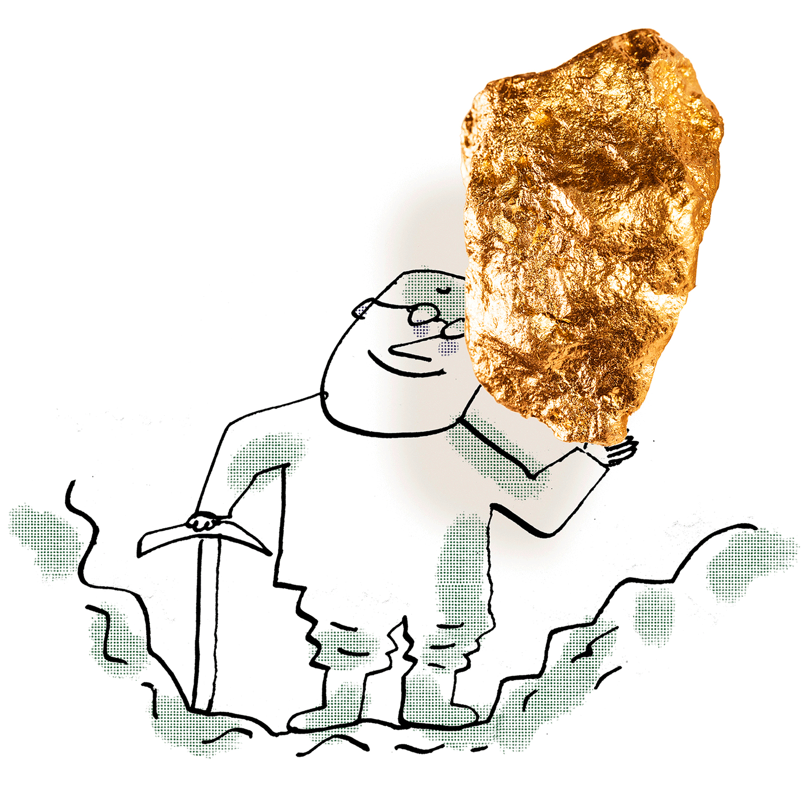 illustration of a figure holding a gold nugget