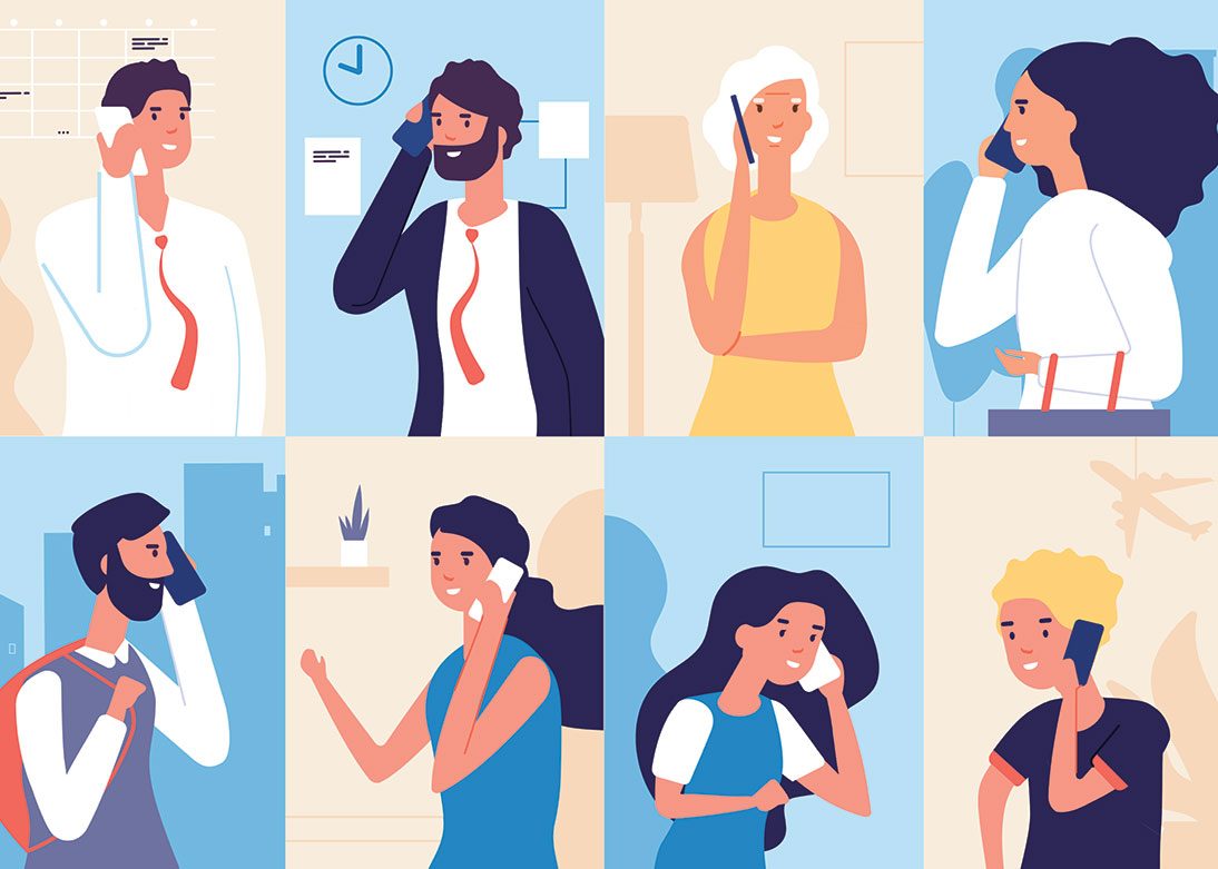 People talking phone. Men and women calling by telephone. Communication and conversation with smartphone vector characters set. Illustration of phone call, speaking social, talking and chatting