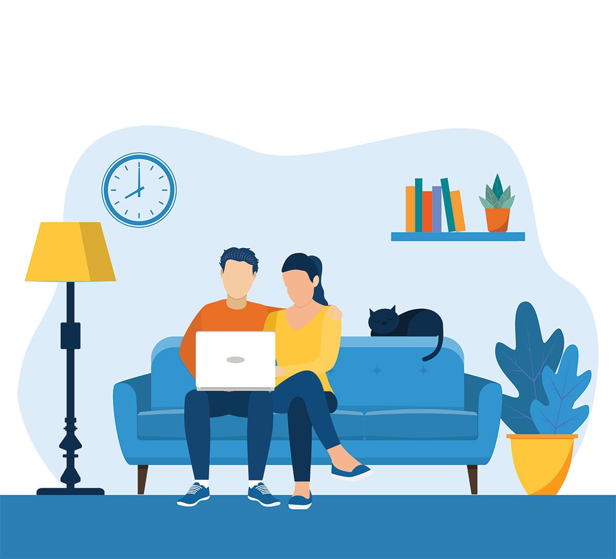 young couple using a laptop while sitting on a sofa. web page design template for online education, learning, video tutorials. Vector illustration in flat style