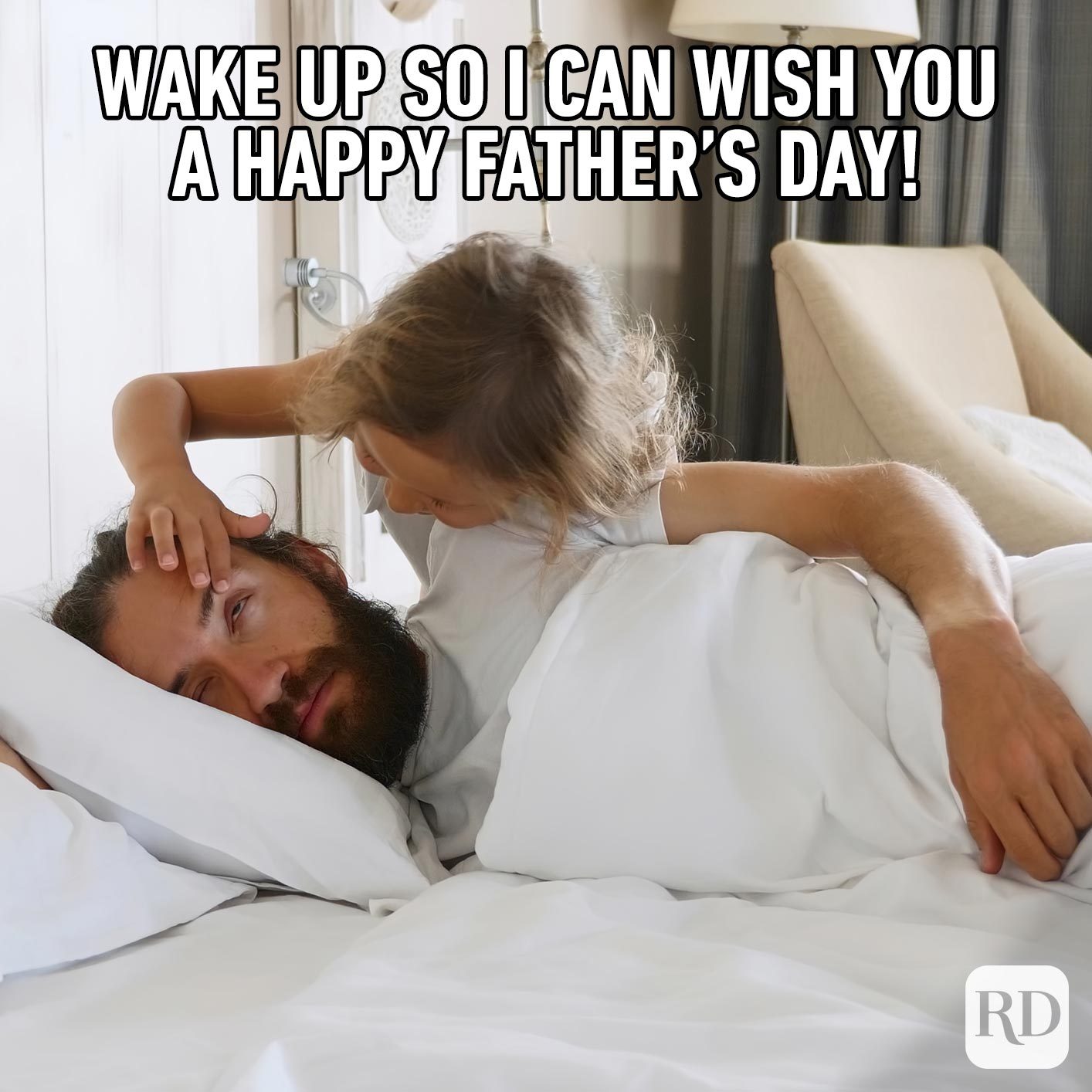 Girl trying to open her father's eye as he sleeps. Meme text: Wake up so I can wish you a Happy Father’s Day!