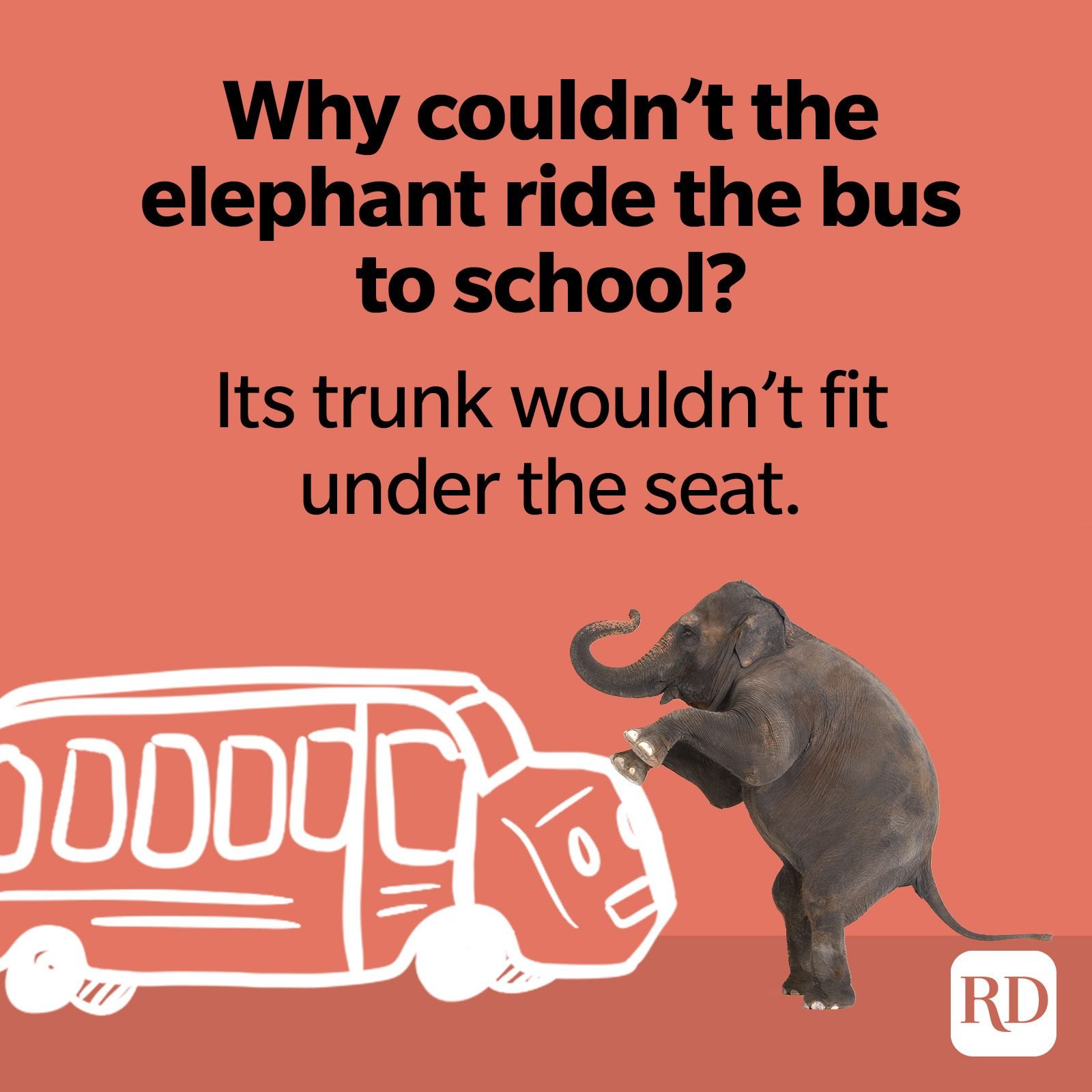 16. Why couldn't the elephant ride the bus to school? Its trunk wouldn't fit under the seat.