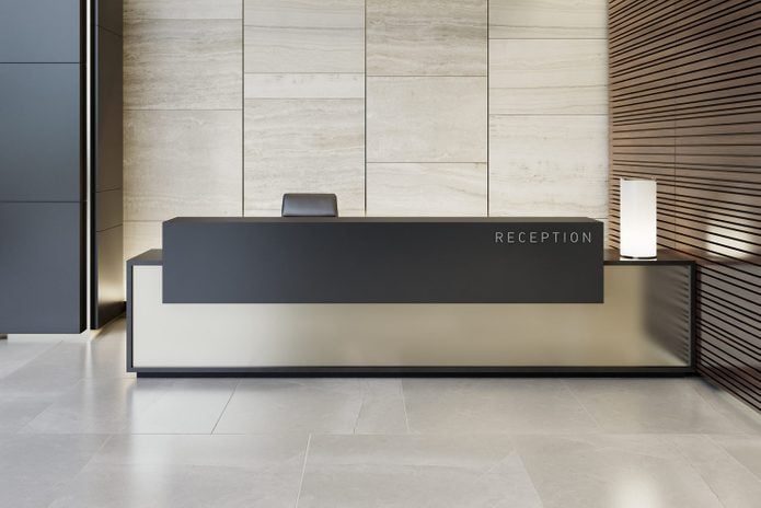 Reception desk luxurious open space interior with marble tiles with copy space