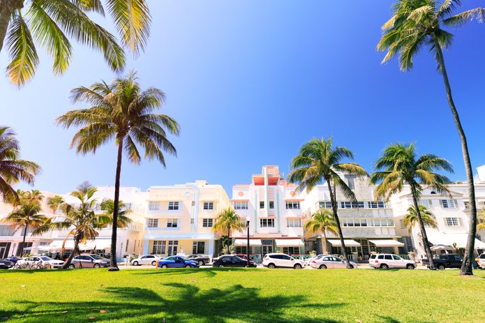 Art Deco buildings and palm trees on Ocean Drive in South Beach, Miami, Florida