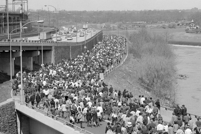 Thousands of young people stretched out over a mile walking along a closed river drive during a Philadelphia Earth Walk, April 22, 1970.