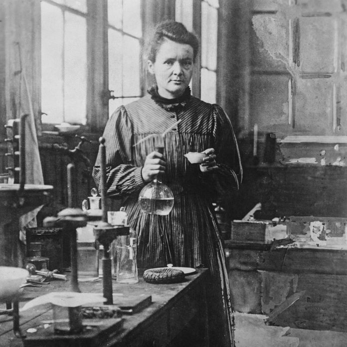 Madame Curie (1867-1934), noted physical chemist, poses in her Paris laboratory. Undated photograph.