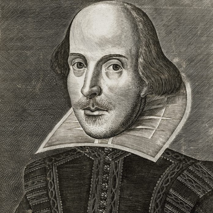 Portrait of William Shakespeare from the title page of the First Folio of Shakespeare's plays; copper engraving by Martin Droeshout, 1623.
