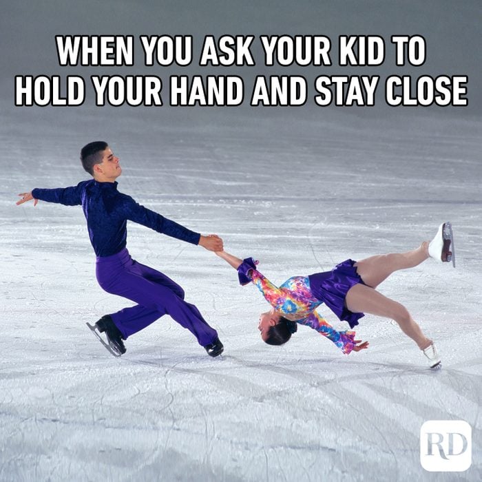 Figure Skaters performing a Death Spiral on Ice MEME TEXT: When you ask your kid to hold your hand and stay close