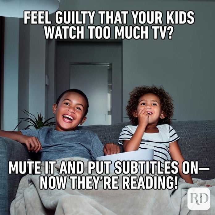 Two children in front of TV. MEME TEXT: Feel guilty that your kids watch too much TV? Mute it and put subtitles on—now they're reading!