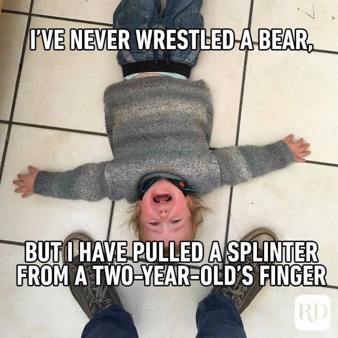 Child throwing tantrum on the floor. MEME TEXT: I've never wrestled a bear, but I have pulled a splinter from a two-year-old's finger
