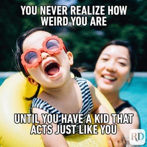 Mom and daughter in the pool, screaming and laughing. MEME TEXT: You never realize how weird you are until you have a kid that acts just like you