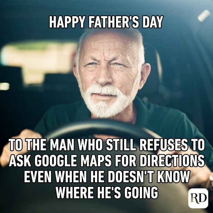 Man squinting while driving car MEME TEXT: Happy father's day to the man who still refuses to ask Google Maps for directions even when he doesn't know where he's going