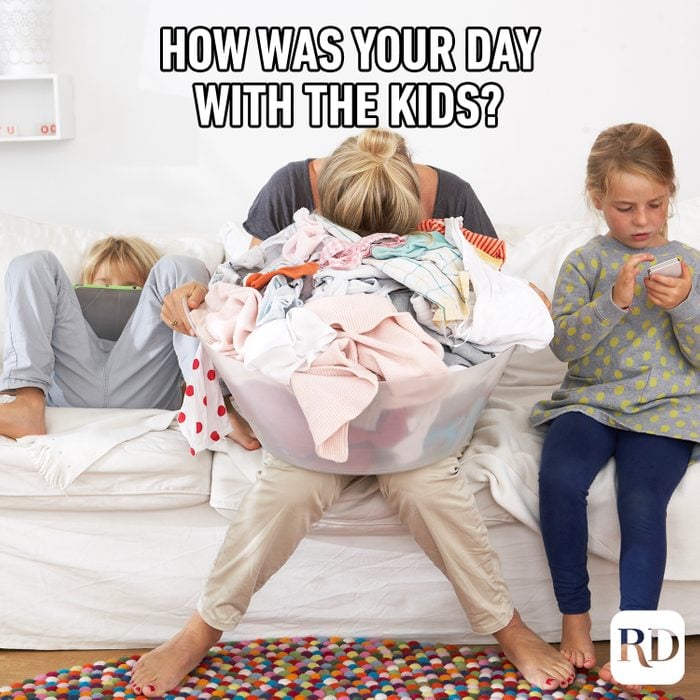 Woman face down in laundry basket MEME TEXT: How was your day with the kids?
