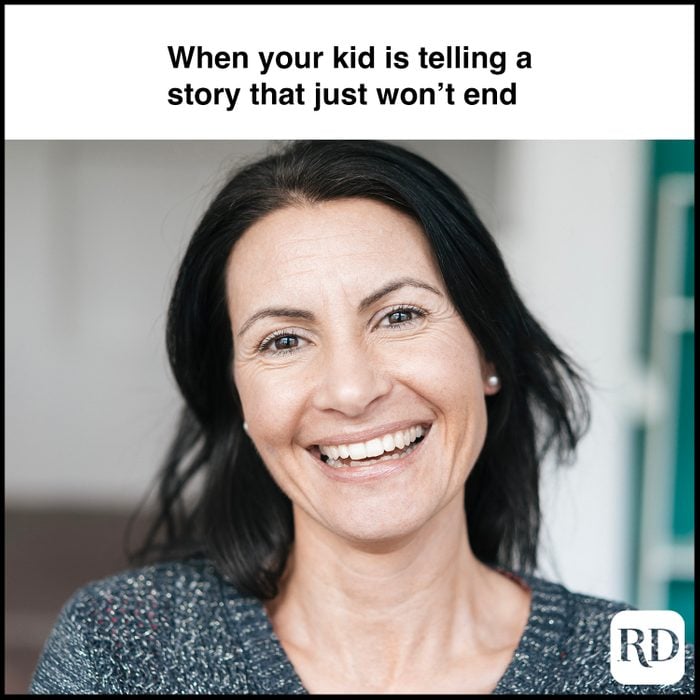 Woman with fake smile MEME TEXT: When your kid is telling a story that just won't end