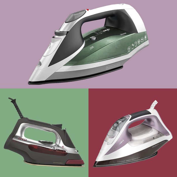 three steam irons on colored background