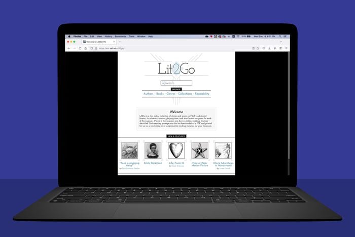 laptop showing Lit2Go website; blue background